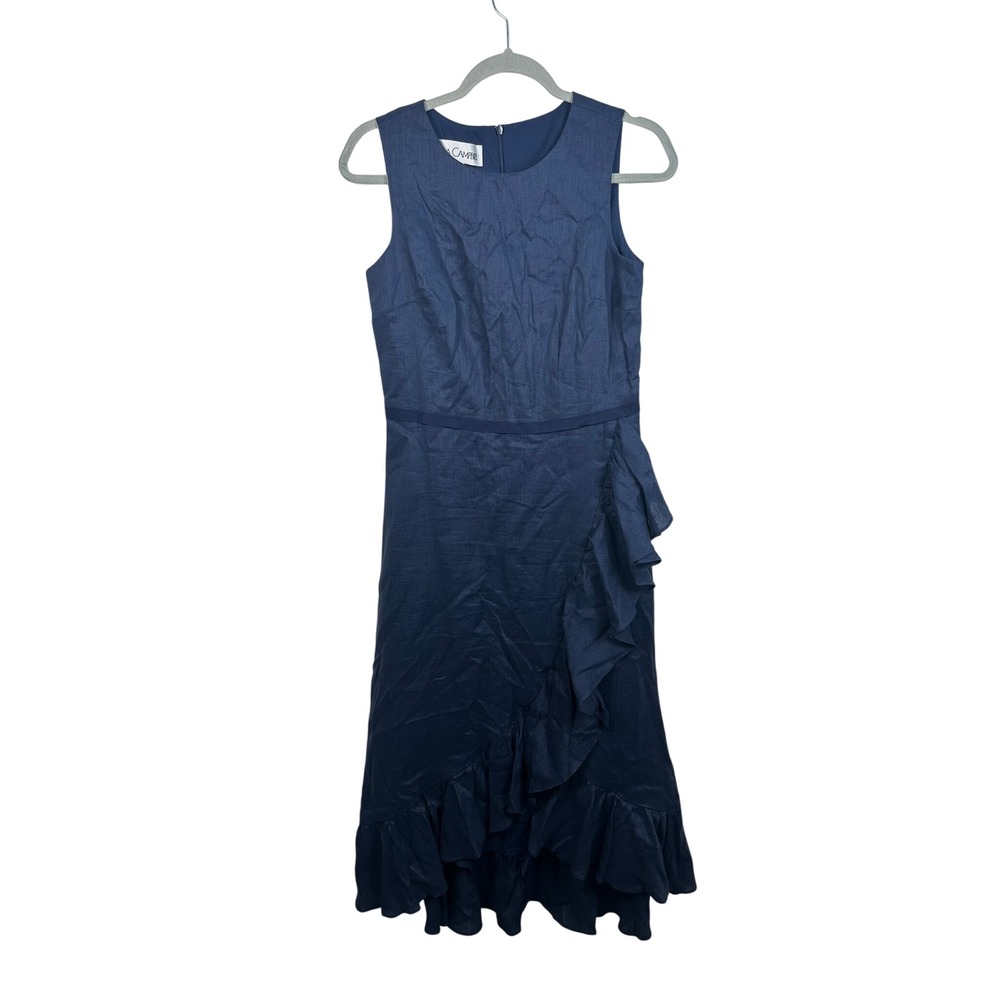Sara Campbell Chantelle Dress Womens 0 Navy Blue NWT Linen Ruffle High-Low